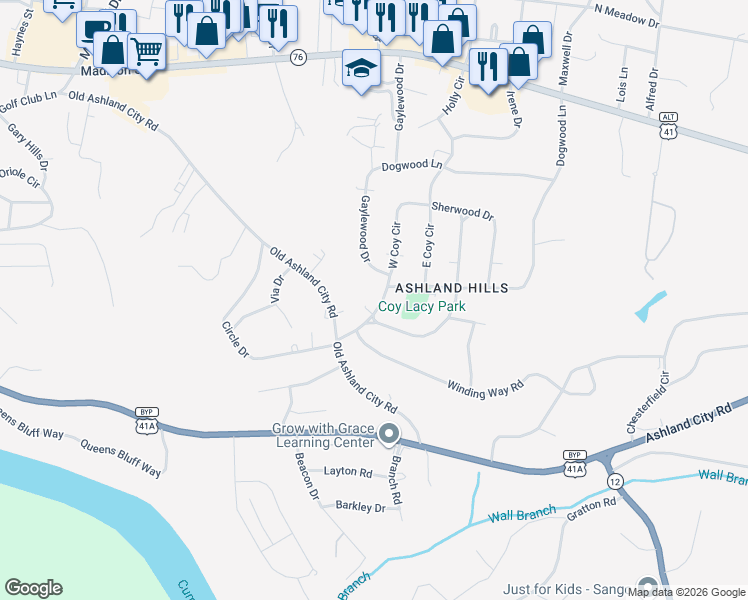 map of restaurants, bars, coffee shops, grocery stores, and more near 114 Canterbury Road in Clarksville