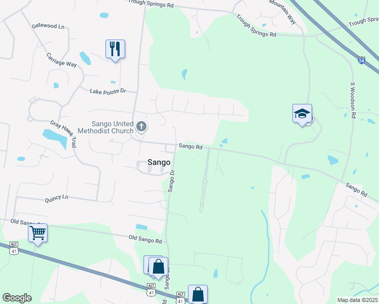 map of restaurants, bars, coffee shops, grocery stores, and more near 3400 Sango Road in Clarksville