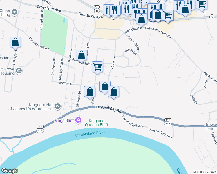 map of restaurants, bars, coffee shops, grocery stores, and more near 631 Horace Crow Drive in Clarksville