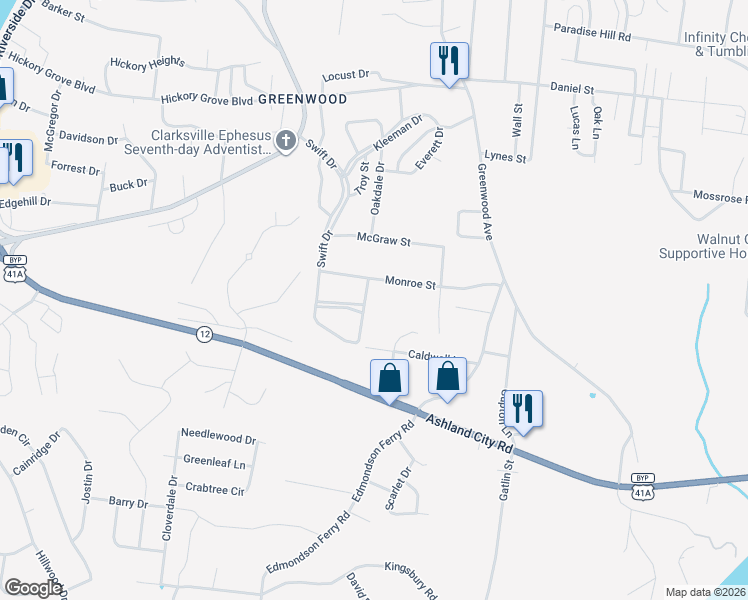 map of restaurants, bars, coffee shops, grocery stores, and more near 1013 Ridgecrest Drive in Clarksville