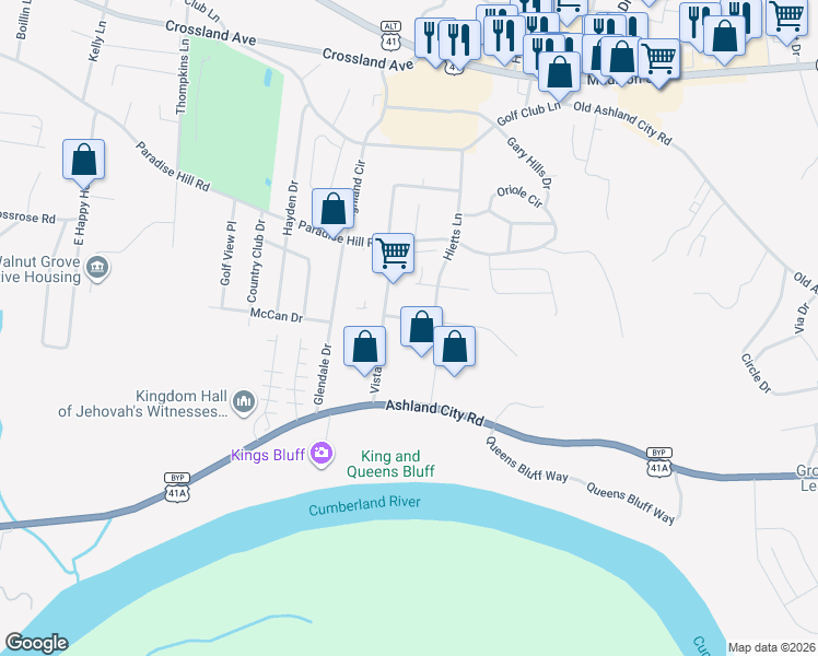 map of restaurants, bars, coffee shops, grocery stores, and more near 630 Horace Crow Drive in Clarksville