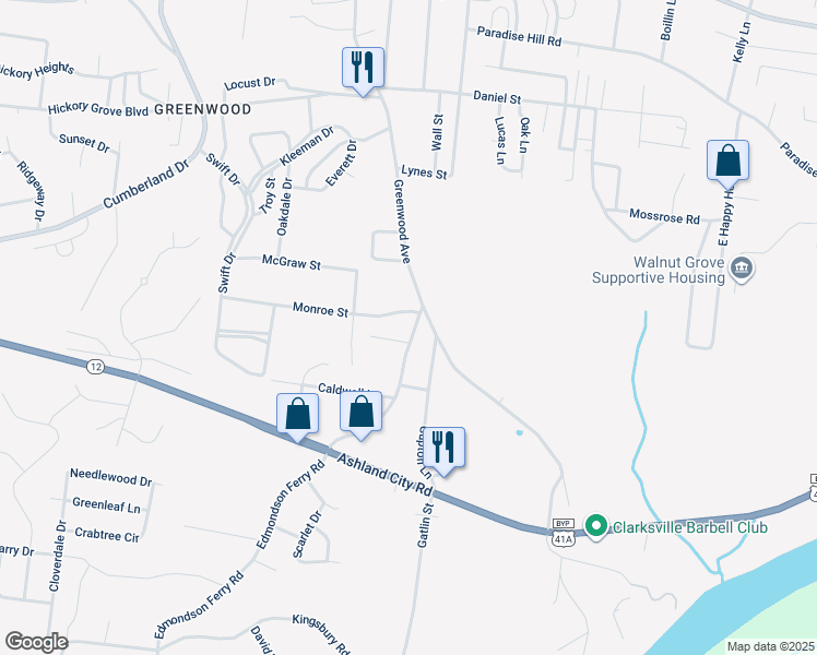 map of restaurants, bars, coffee shops, grocery stores, and more near 106 Edmondson Ferry Road in Clarksville
