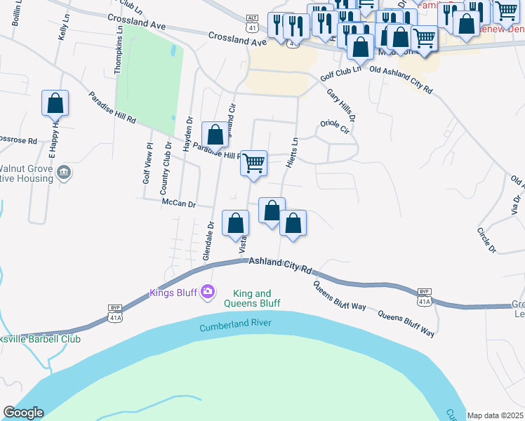 map of restaurants, bars, coffee shops, grocery stores, and more near 1618 Baltimore Drive in Clarksville