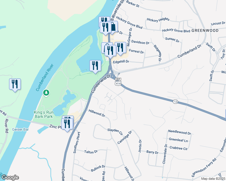 map of restaurants, bars, coffee shops, grocery stores, and more near 1102 Ashland City Road in Clarksville