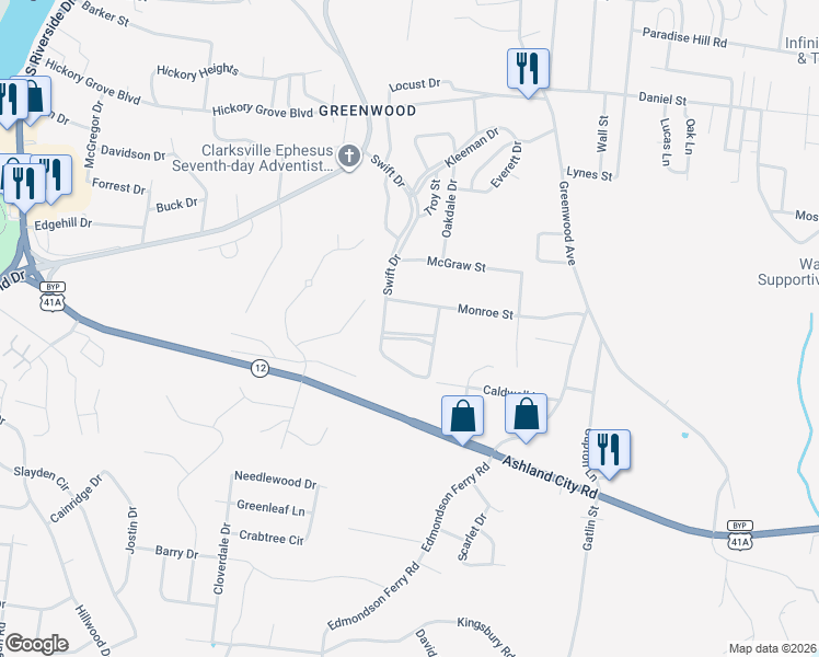 map of restaurants, bars, coffee shops, grocery stores, and more near 714 Woodlawn Drive in Clarksville