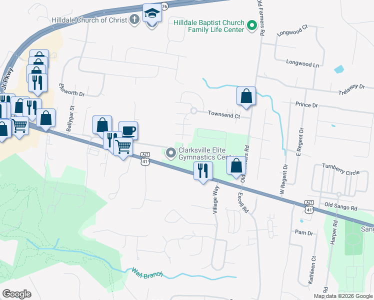 map of restaurants, bars, coffee shops, grocery stores, and more near 2572-2598 Wilson Road in Clarksville