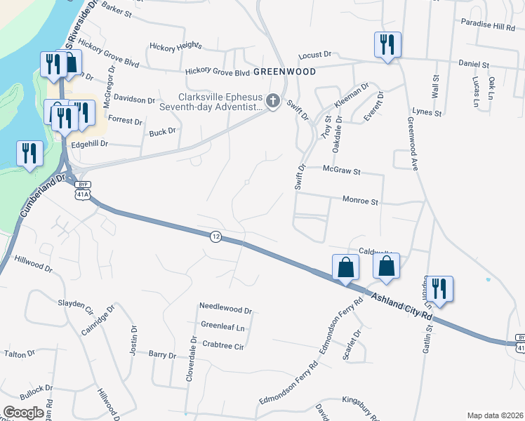map of restaurants, bars, coffee shops, grocery stores, and more near 1016 Swift Drive in Clarksville
