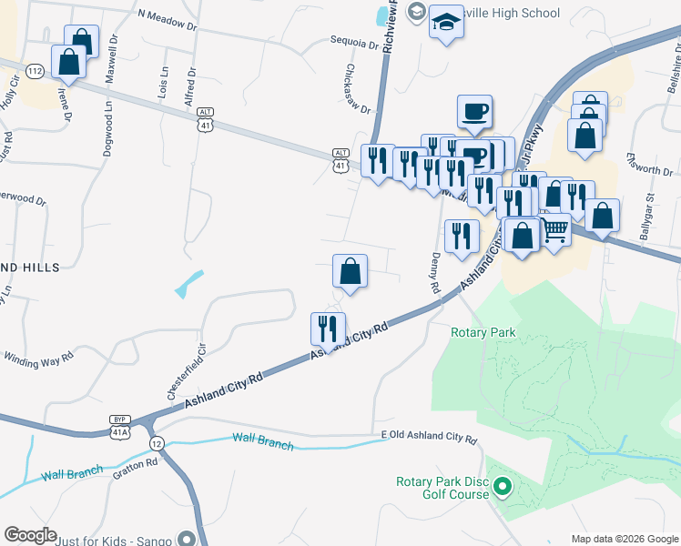 map of restaurants, bars, coffee shops, grocery stores, and more near 141 Kender Rhea Court in Clarksville