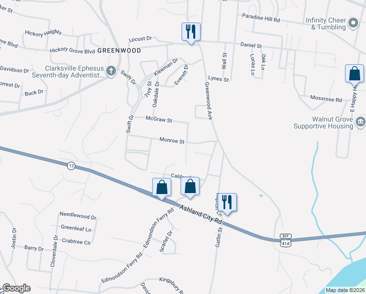 map of restaurants, bars, coffee shops, grocery stores, and more near 206 Maddox Circle in Clarksville