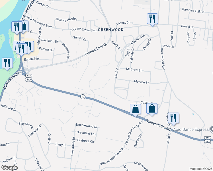 map of restaurants, bars, coffee shops, grocery stores, and more near 1016 Swift Drive in Clarksville