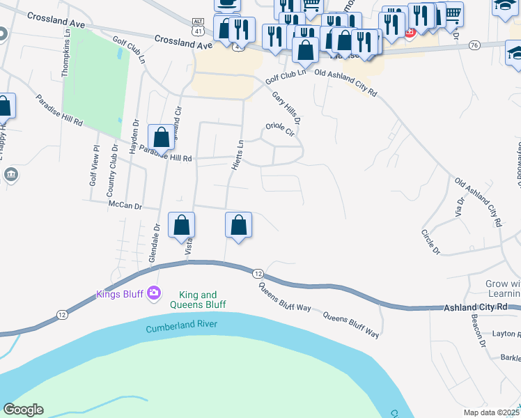 map of restaurants, bars, coffee shops, grocery stores, and more near 1701 Baltimore Drive in Clarksville