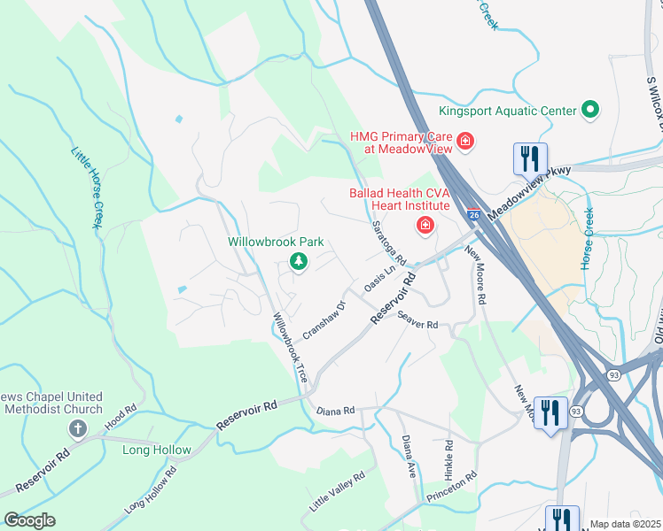 map of restaurants, bars, coffee shops, grocery stores, and more near 2300 Jayne Road in Kingsport