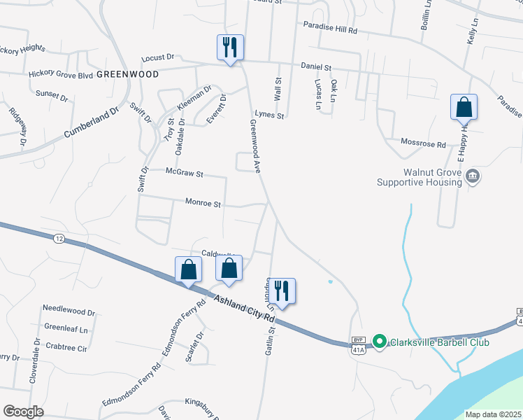 map of restaurants, bars, coffee shops, grocery stores, and more near 104 Edmondson Ferry Road in Clarksville
