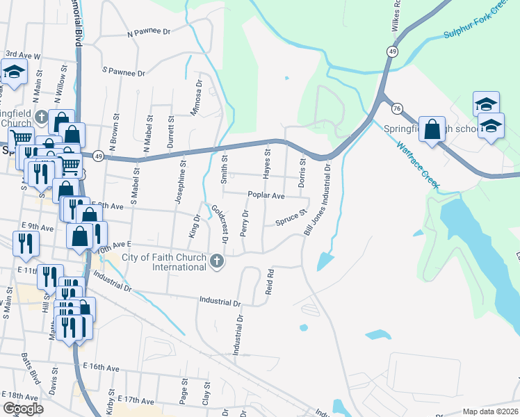 map of restaurants, bars, coffee shops, grocery stores, and more near 813 Poplar Avenue in Springfield