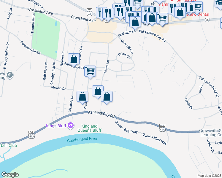 map of restaurants, bars, coffee shops, grocery stores, and more near 1671 Baltimore Drive in Clarksville