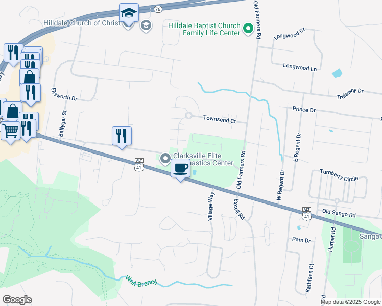 map of restaurants, bars, coffee shops, grocery stores, and more near 2601 Wilson Road in Clarksville