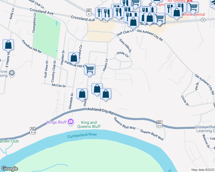 map of restaurants, bars, coffee shops, grocery stores, and more near 1661 Baltimore Drive in Clarksville