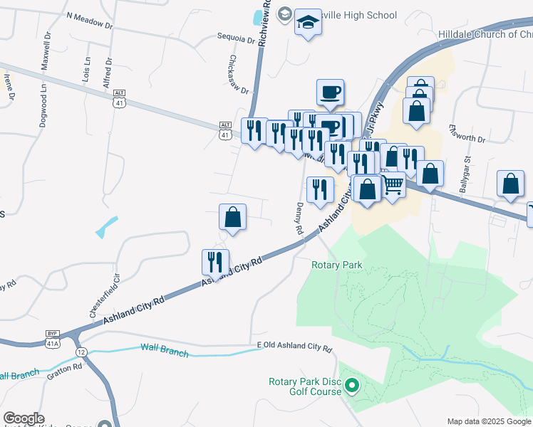 map of restaurants, bars, coffee shops, grocery stores, and more near 203 Melodie Drive in Clarksville