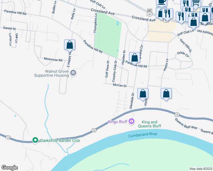 map of restaurants, bars, coffee shops, grocery stores, and more near 1436 McCan Drive in Clarksville