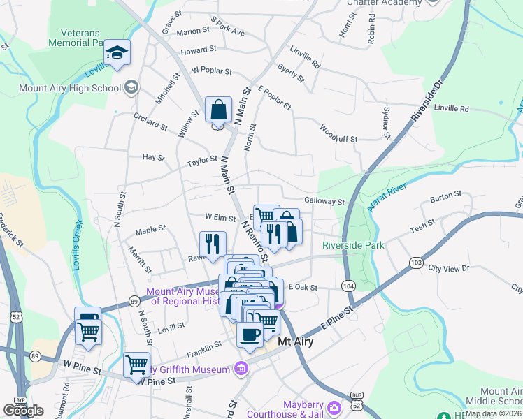 map of restaurants, bars, coffee shops, grocery stores, and more near 302 Galloway Street in Mount Airy