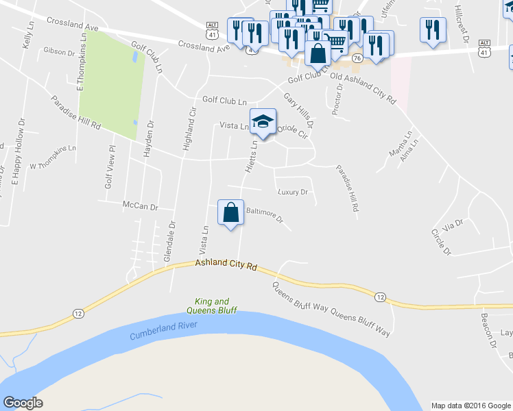 map of restaurants, bars, coffee shops, grocery stores, and more near 531 Hietts Lane in Clarksville