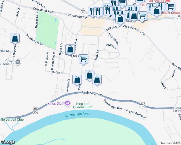 map of restaurants, bars, coffee shops, grocery stores, and more near 1500 West Knollwood Circle in Clarksville