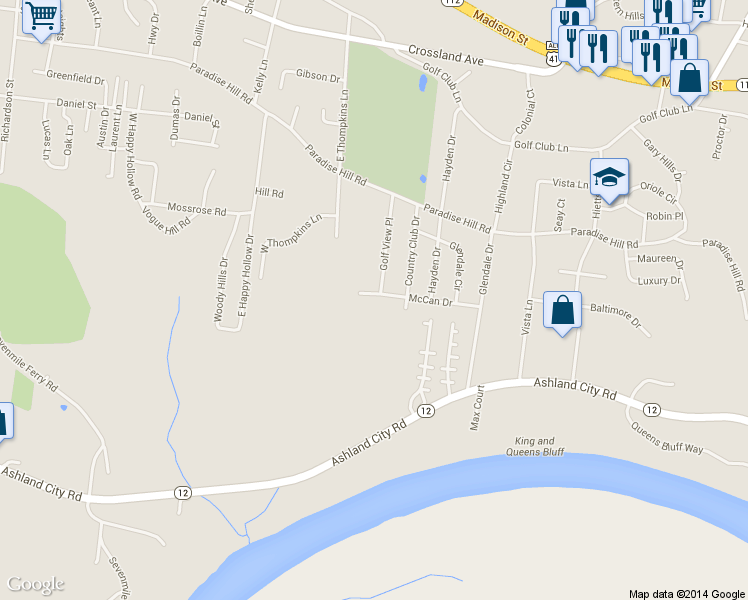 map of restaurants, bars, coffee shops, grocery stores, and more near 820 Golf View Place in Clarksville