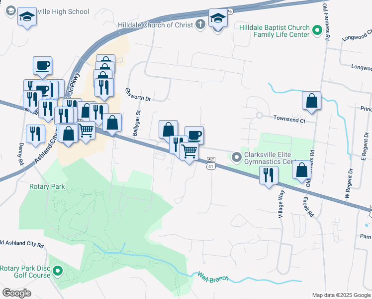 map of restaurants, bars, coffee shops, grocery stores, and more near 2545 Madison Street in Clarksville