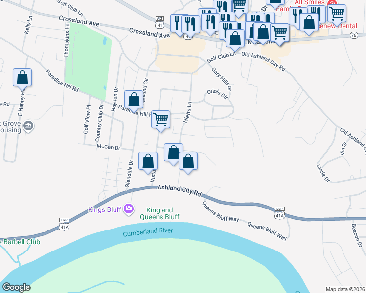 map of restaurants, bars, coffee shops, grocery stores, and more near 1643 Baltimore Drive in Clarksville