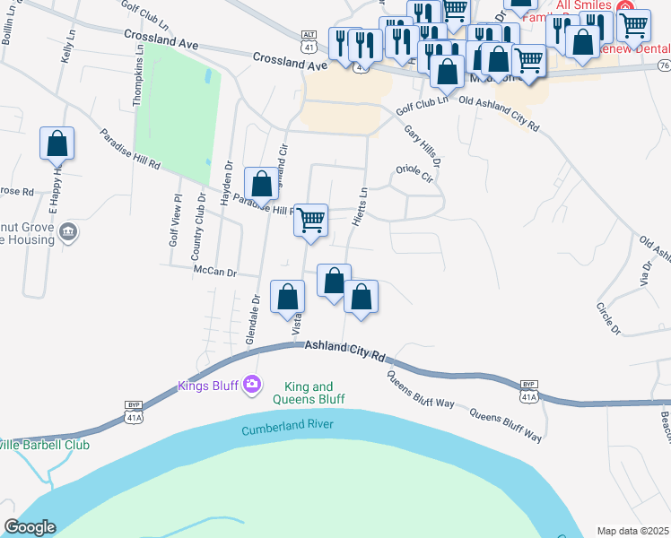 map of restaurants, bars, coffee shops, grocery stores, and more near 1631 Baltimore Drive in Clarksville