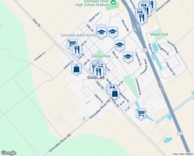 map of restaurants, bars, coffee shops, grocery stores, and more near 326 Alta Street in Gonzales