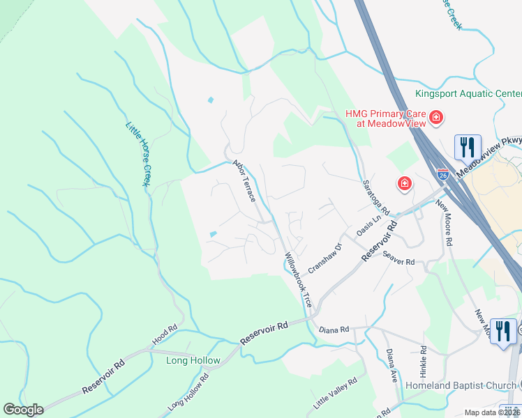 map of restaurants, bars, coffee shops, grocery stores, and more near 343 Arbor Terrace in Kingsport