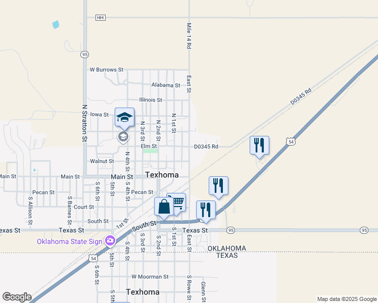 map of restaurants, bars, coffee shops, grocery stores, and more near 218 East Street in Texhoma