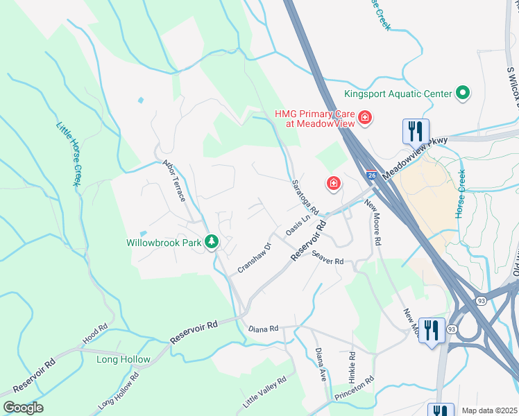 map of restaurants, bars, coffee shops, grocery stores, and more near 1400 Jayne Road in Kingsport