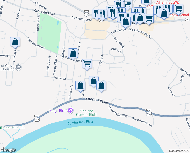 map of restaurants, bars, coffee shops, grocery stores, and more near 1500 West Knollwood Circle in Clarksville