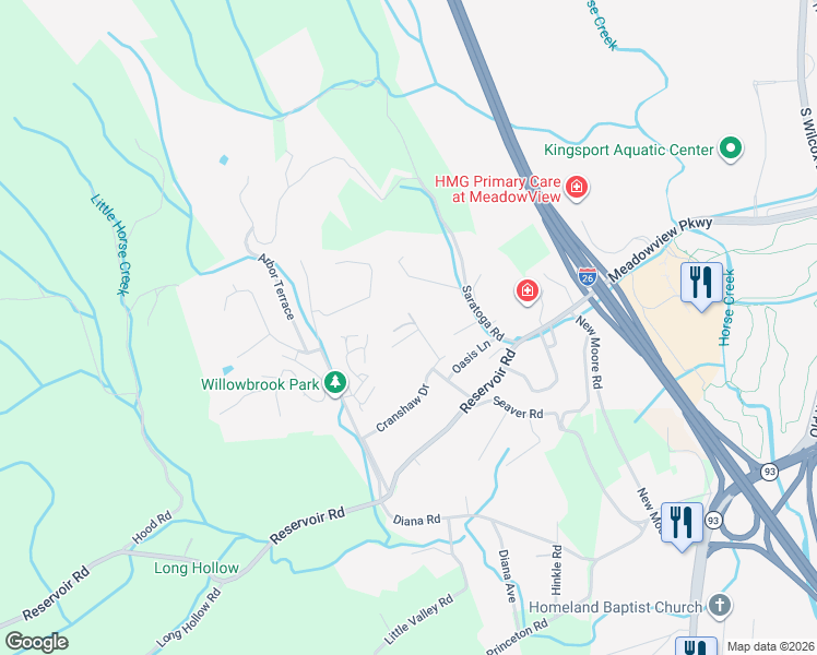 map of restaurants, bars, coffee shops, grocery stores, and more near 2300 Jayne Road in Kingsport