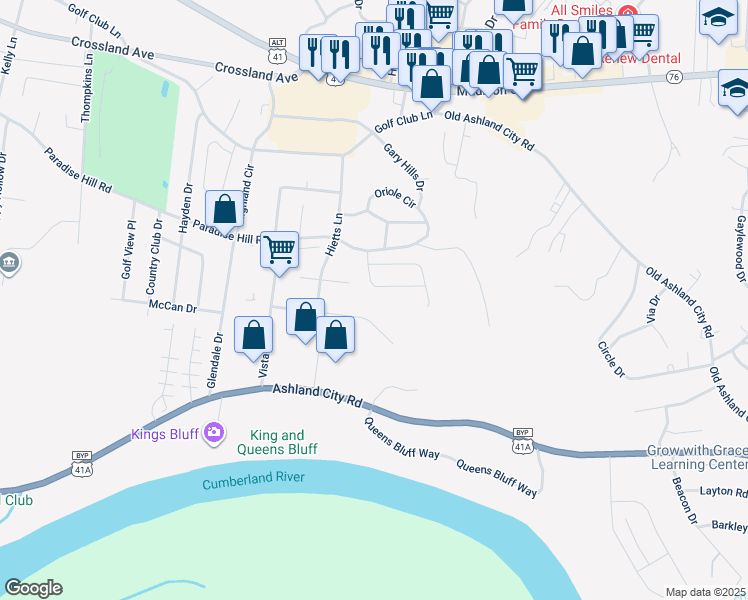map of restaurants, bars, coffee shops, grocery stores, and more near 520 Luxury Drive in Clarksville