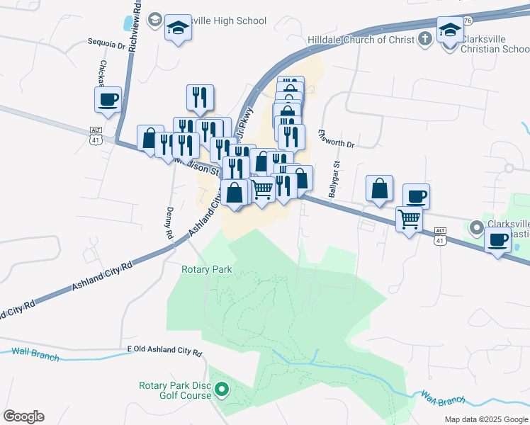 map of restaurants, bars, coffee shops, grocery stores, and more near 2304 Madison Street in Clarksville