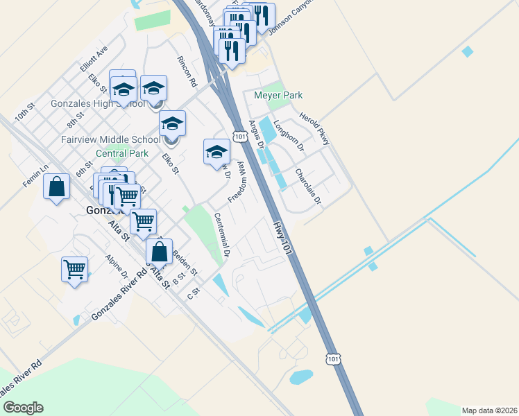 map of restaurants, bars, coffee shops, grocery stores, and more near 415 Michael Circle in Gonzales