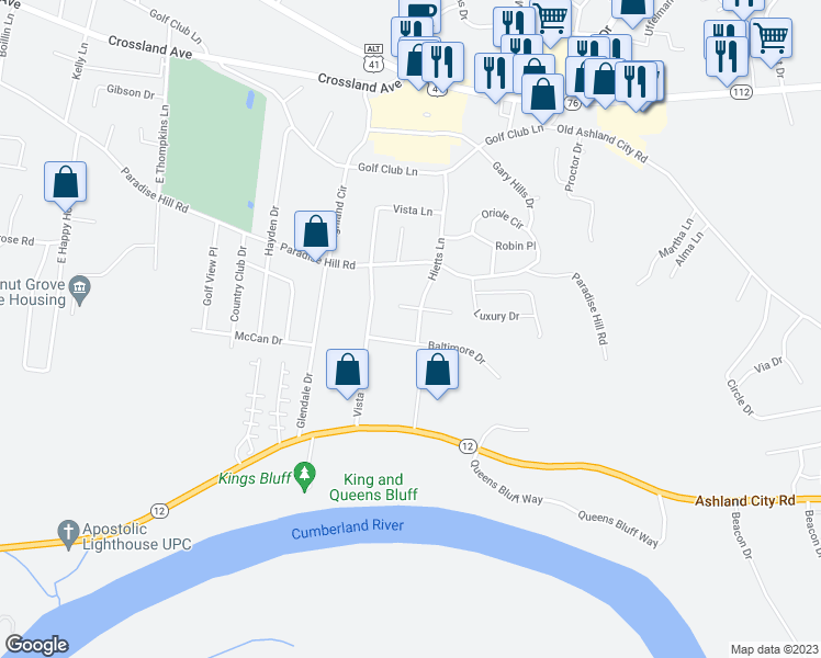 map of restaurants, bars, coffee shops, grocery stores, and more near 560 Hietts Lane in Clarksville