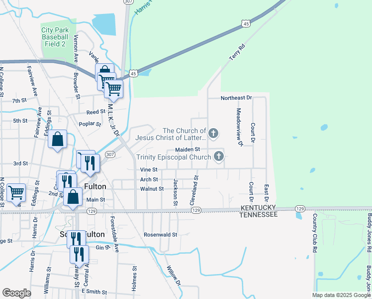 map of restaurants, bars, coffee shops, grocery stores, and more near Maiden Street in Fulton