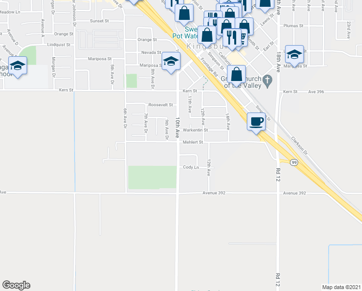 map of restaurants, bars, coffee shops, grocery stores, and more near 660 10th Avenue in Kingsburg