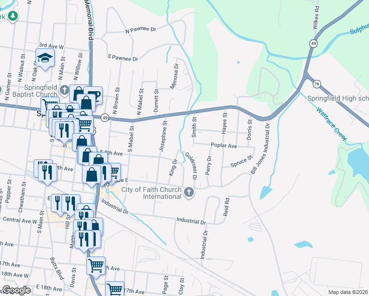 map of restaurants, bars, coffee shops, grocery stores, and more near 703 Smith Street in Springfield