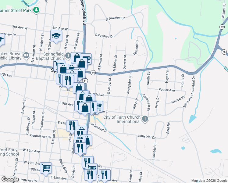 map of restaurants, bars, coffee shops, grocery stores, and more near 511 South Mabel Street in Springfield