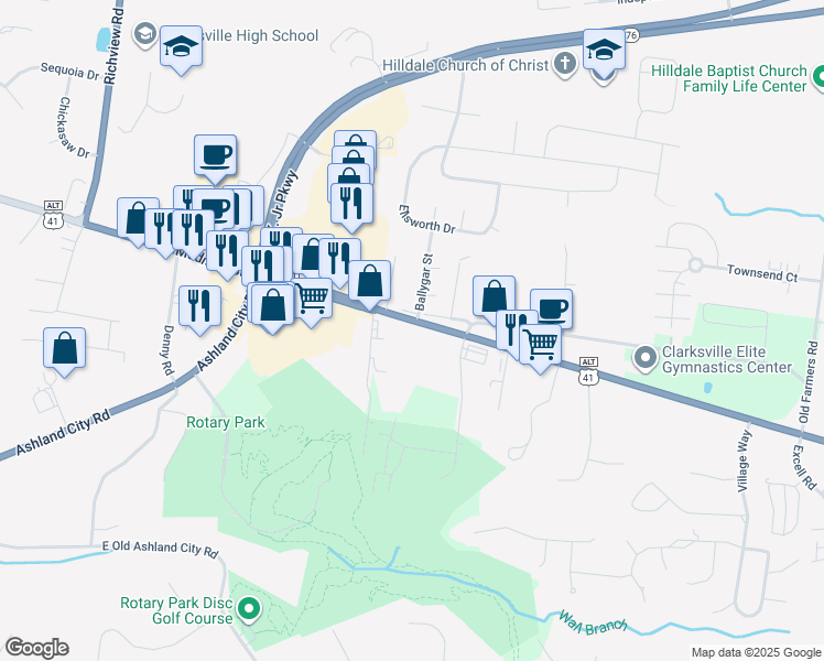 map of restaurants, bars, coffee shops, grocery stores, and more near 2440 Madison Street in Clarksville