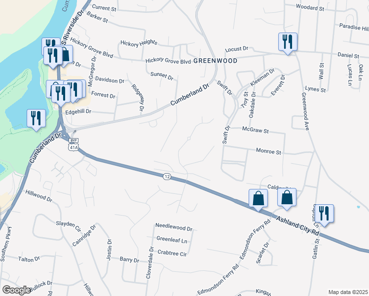 map of restaurants, bars, coffee shops, grocery stores, and more near 1219 Beverly Hills Drive in Clarksville