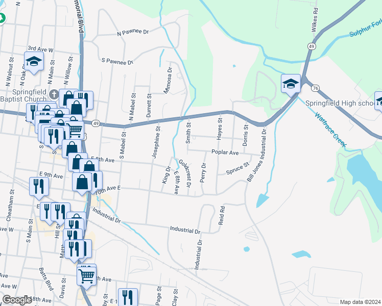 map of restaurants, bars, coffee shops, grocery stores, and more near 805 Poplar Avenue in Springfield