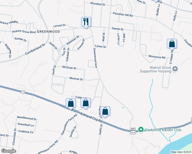map of restaurants, bars, coffee shops, grocery stores, and more near 990 Greenwood Avenue in Clarksville