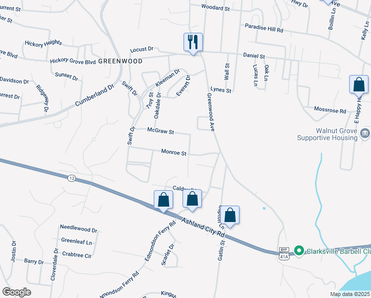 map of restaurants, bars, coffee shops, grocery stores, and more near 739 Monroe Street in Clarksville