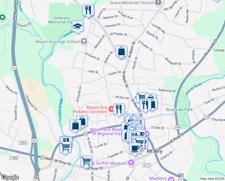 map of restaurants, bars, coffee shops, grocery stores, and more near 139 Churchill Lane in Mount Airy